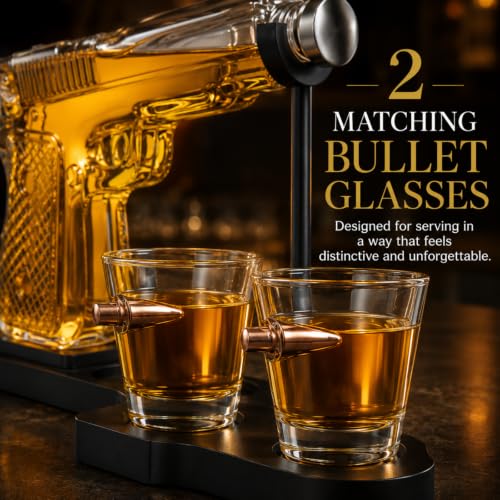 Whiskey Gun Decanter Set + 2 Bullet Glasses - Christmas Birthday Pistol Gifts for Men