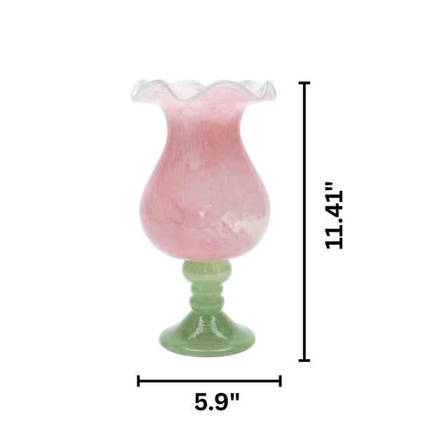 Sunrise Blush Murano Style Ruffled Glass Vase: Pink and Green Art Glass