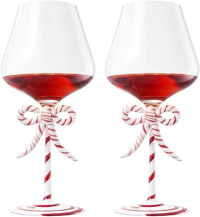 Khen Christmas Candy Cane Bow Wine Glasses - Set of 2 - Festive Santa Ribbon Stem Goblets 20oz Red & White Striped Borosilicate Drinkware, Holiday Entertaining Winter Parties Home Bar Decor Gift