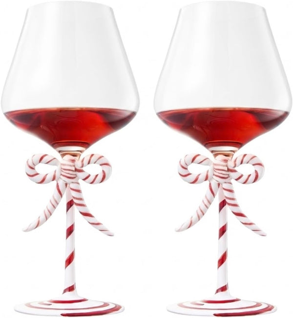 Khen Christmas Candy Cane Bow Wine Glasses - Set of 2 - Festive Santa Ribbon Stem Goblets 20oz Red & White Striped Borosilicate Drinkware, Holiday Entertaining Winter Parties Home Bar Decor Gift