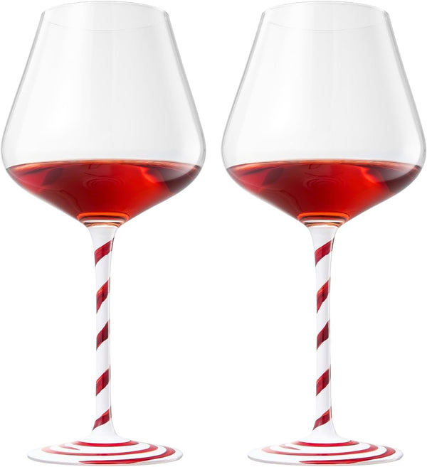 Khen Holiday Candy Cane Wine Glasses Set of 2 Santa Red White Striped Stem Goblets 20oz Christmas Borosilicate Drinkware for Festive Entertaining Winter Parties Home Bar Decor Kitchen Dining Gift Set