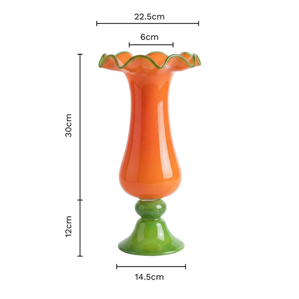 Sunset Bloom Murano Style Ruffled Glass Vase - Single Piece Orange & Green