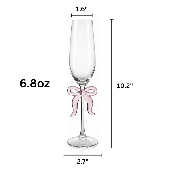 Clear Champagne Glass with Pink Bow on Stem, Set of 2