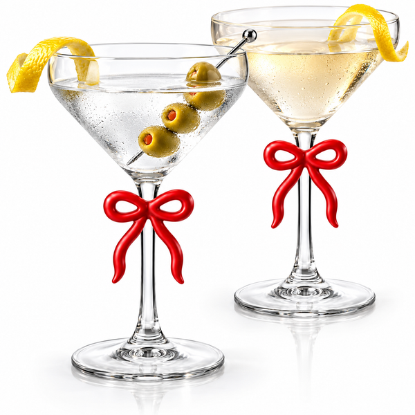 Clear Martini Glass with Red Bow on Stem, Set of 2