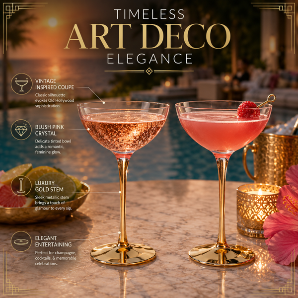 Deco Champagne Coupe Cocktail Glassware, Pink, Set of 2