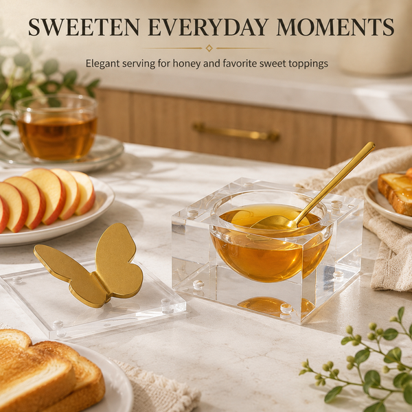 Butterfly Honey Dish with Gold Spoon | Clear Glass Sweet Dessert Bowl