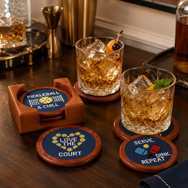 Pickleball Hand-Stitched Needlepoint Coasters - Set of 4