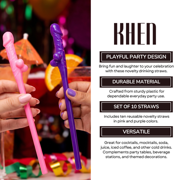 Novelty Party Straws Set of 10, Reusable Pink & Purple Plastic Straws