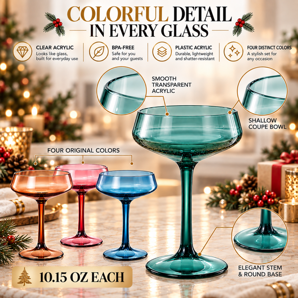 Colored Acrylic Coupe Glasses – Set of 4 Stemmed 8 oz