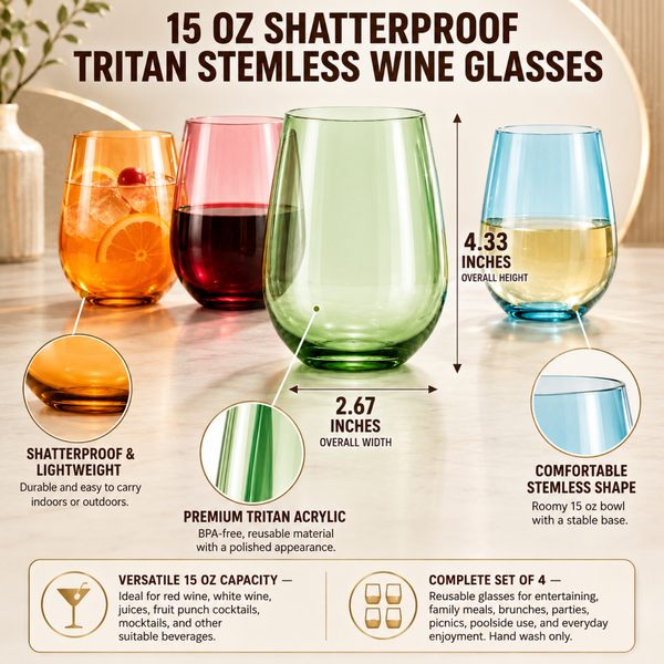 Tritan 15oz Shatterproof Stemless Wine Glasses - Set of 4 Plastic Tumblers