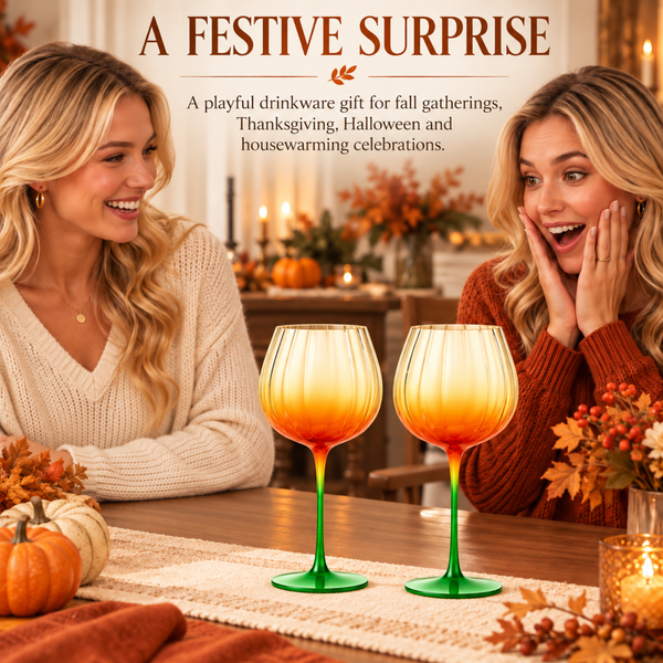 Khen Pumpkin Wine Glasses Fall Inspired Lightweight - Set of 2 Orange & Green