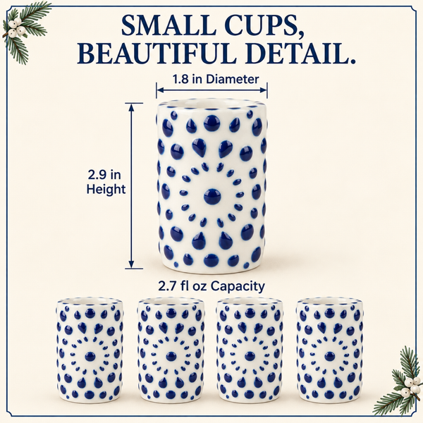 Khen Tequila Ceramic Shot Glasses, Set of 4 White and Blue Shooter Cups