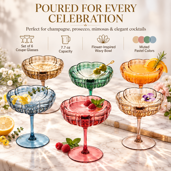 Flower Coupe Cocktail Colored Glasses | Set of 6 | Muted