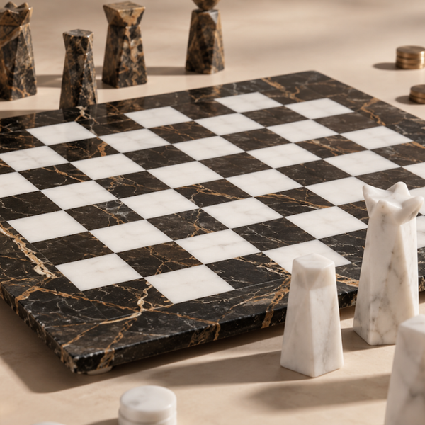 Marble Chess Set, 16.92 x 16.53 Inch Black and White Stone