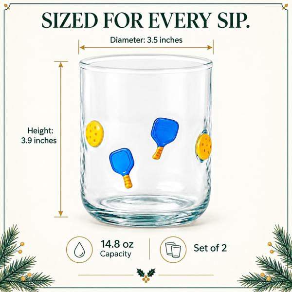 Khen Set of 2 Pickleball Paddle Icon Juice Glass Athletic Sports Cup 14.8oz