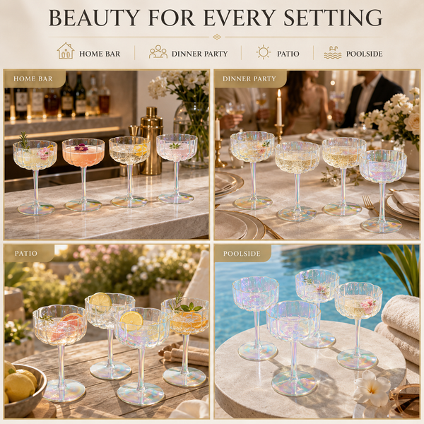 Iridescent Rainbow Plastic Tritan Coupe Glasses | 4 Set