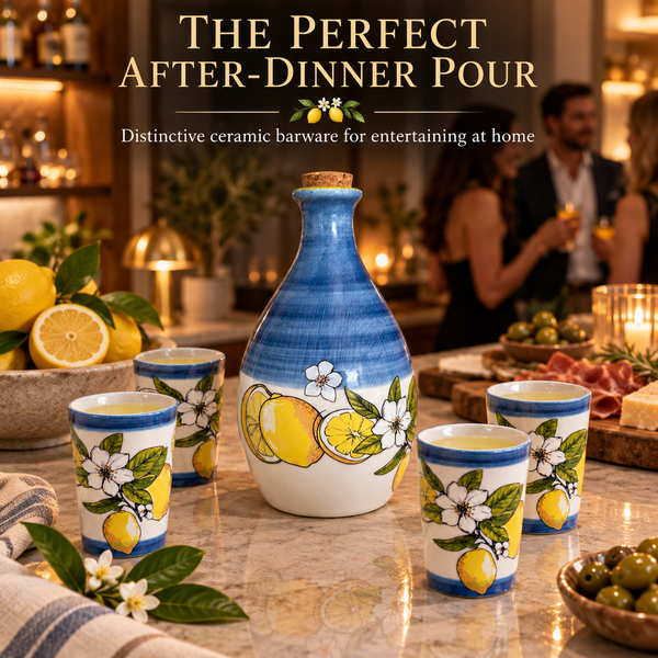 Limoncello Bottle With 4 Cups 24Oz Carafe 3 Oz Cups Ceramic Italian Barware