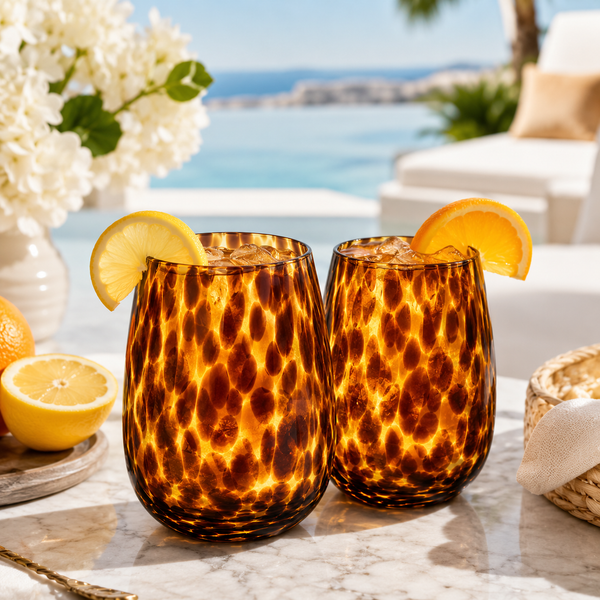 Leopard Print Amber Colored Stemless Wine Glass |  Set of 2