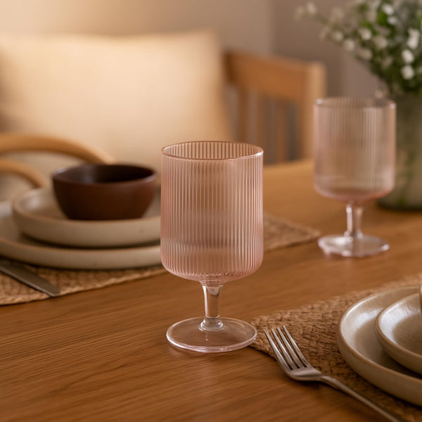 Khen Ripple Textured Blush Pink Stemmed Glass Wine Goblets | Set of 2 | 300ml Clear Elegant Romantic Drinkware for Red White Rosé Cocktail | Como Collection | Vintage Bar Kitchen Aesthetic Glasses