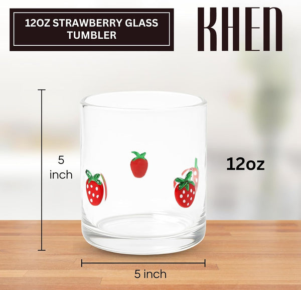 Khen Strawberry Glass Tumbler Vintage Aesthetic Drinkware Lightweight Romantic Barware Collectible Glass Cup - 12oz