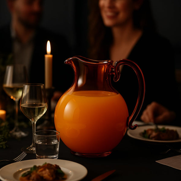 talian Design Amber Glass Jug Mouth-Blown Venetian Pitcher 750ml Handmade Murano-Inspired Carafe with Organic Wave Silhouette, Elegant Amber Tone Table Décor & Functional Art Glass for Dining Display