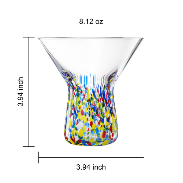 The Wine Savant Stemless Martini Glasses Hand Blown Mexican Confetti Design Colorful Glass Drinkware - Set of 2 Clear