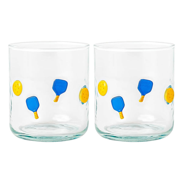 Khen Set of 2 Pickleball Paddle Icon Juice Glass Athletic Sports Cup 14.8oz Clear Stemless Cocktail Tumbler Leisure Game Night Barware Outdoor Indoor Party Recreation Gift for Player Enthusiast