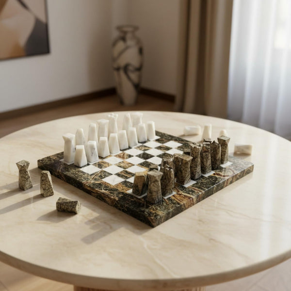 Marble Chess Set, 16.92 x 16.53 Inch Black and White Stone