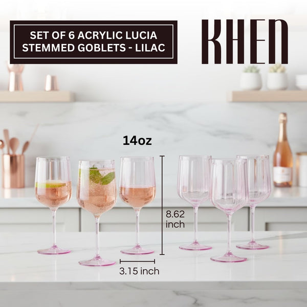 Khen Acrylic Lucia Stemmed Goblets - Unbreakable Wine Glasses Reusable Drinking Cups Dishwasher Safe Elegant Stemware for Cocktail Champagne | Kitchen Bar Party | Set of 6 |14oz | Lilac