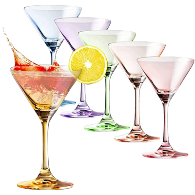 Vibes Martini Glasses Set of 6 | 8oz | Crystal Luxury Martini Glass - Elegant Colors - Premium Hand-Blown | Art Deco Cocktail Colored Coupes For Manhattan, Cosmopolitan, Sidecar, Speakeasy - Stemmed Goblets