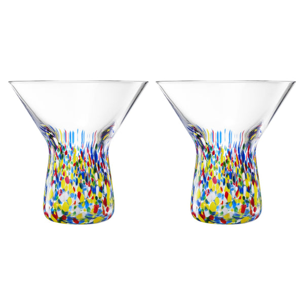 The Wine Savant Stemless Martini Glasses Hand Blown Mexican Confetti Design Colorful Glass Drinkware - Set of 2 Clear