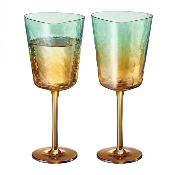 Gold and Teal Hammered Stemmed Wine Glasses, 2 Set, 10.5oz