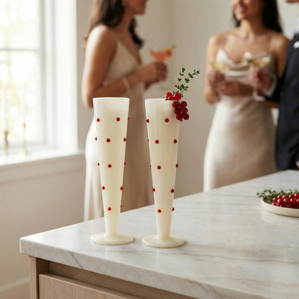 Red Polka Dot White Champagne Flutes 2-Piece Set
