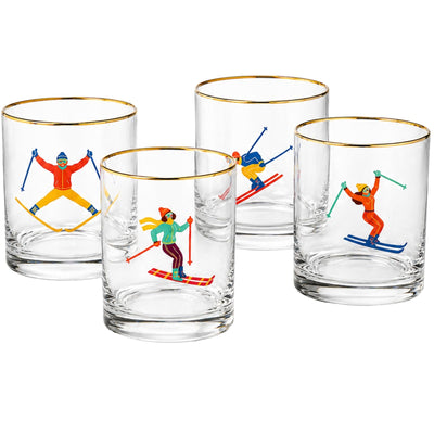 Skiers Glass Set, 4 Piece 13.7 oz 4.06 in Multicolor Clear Gold