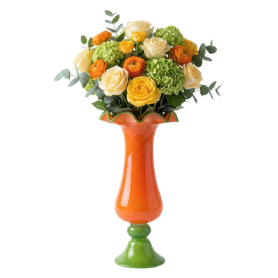 Sunset Bloom Murano Style Ruffled Glass Vase - Single Piece Orange & Green
