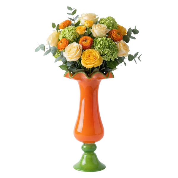 Sunset Bloom Murano Style Ruffled Glass Vase - Single Piece Orange & Green