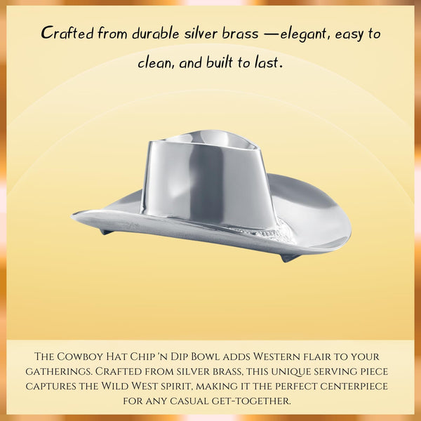 Cowboy Hat Chip and Dip Serving Bowl Silver Brass Snack, Western Candy & Salad Bowl - Chip n Dip All American Hat Centerpiece Serving Platter for Nuts, Salsas, Food, Serveware Decor Entertaining 1PC