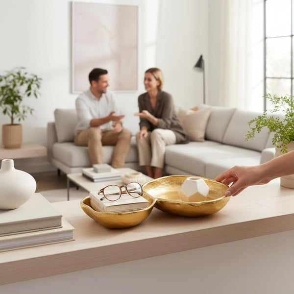 2 Cluster Decorative Bowls Bright Gold Snack Tray Bowl Chip & Dip Serving Piece Strong Brass Centerpiece Beautiful Room Accent & Entertaining Parties Home Decor Wedding Gifts 11 Inch Decorative Gift