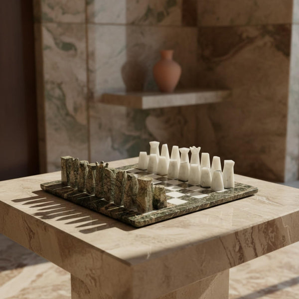 Marble Chess Set, 16.92 x 16.53 Inch Black and White Stone
