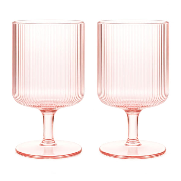 Khen Ripple Textured Blush Pink Stemmed Glass Wine Goblets | Set of 2 | 300ml Clear Elegant Romantic Drinkware for Red White Rosé Cocktail | Como Collection | Vintage Bar Kitchen Aesthetic Glasses