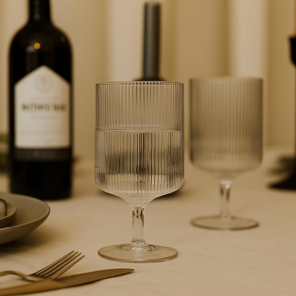 Khen Textured Clear Glass Ribbed Modern Elegant Wine Goblets for Red White Rosé Beverages | Set of 2 | Tall Ripple Stemware Drinkware Cups | Minimalist Durable Aesthetic Table Kitchen Bar Party Use