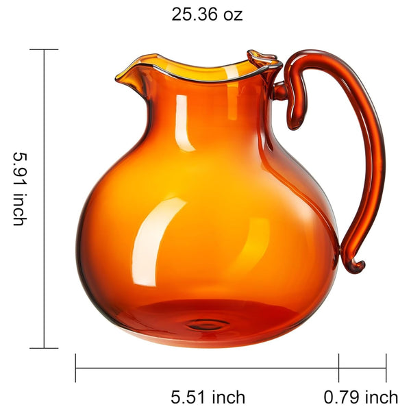 talian Design Amber Glass Jug Mouth-Blown Venetian Pitcher 750ml Handmade Murano-Inspired Carafe with Organic Wave Silhouette, Elegant Amber Tone Table Décor & Functional Art Glass for Dining Display