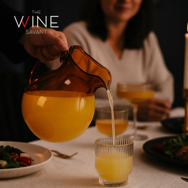talian Design Amber Glass Jug Mouth-Blown Venetian Pitcher 750ml Handmade Murano-Inspired Carafe with Organic Wave Silhouette, Elegant Amber Tone Table Décor & Functional Art Glass for Dining Display