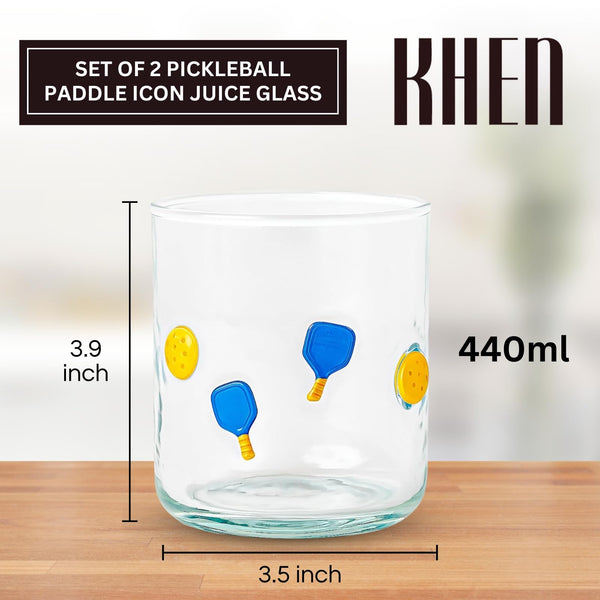 Khen Set of 2 Pickleball Paddle Icon Juice Glass Athletic Sports Cup 14.8oz Clear Stemless Cocktail Tumbler Leisure Game Night Barware Outdoor Indoor Party Recreation Gift for Player Enthusiast