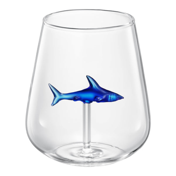 Handcrafted Stemless Shark Wine Glass - Personalized Set of 2 with 3D Sharks Inside - Red Wine Glasses - Unique Shark Lover Gifts - Ideal for Parties, Birthdays, Weddings - 10.05 oz Capacity (Blue)