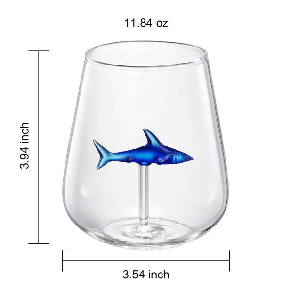 Handcrafted Stemless Shark Wine Glass - Personalized Set of 2 with 3D Sharks Inside - Red Wine Glasses - Unique Shark Lover Gifts - Ideal for Parties, Birthdays, Weddings - 10.05 oz Capacity (Blue)