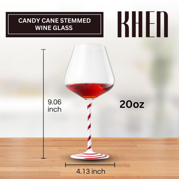 Khen Holiday Candy Cane Wine Glasses Set of 4 Santa Red White Striped Stem Goblets 20oz Christmas Borosilicate Drinkware for Festive Entertaining Winter Parties Home Bar Decor Kitchen Dining Gift Set