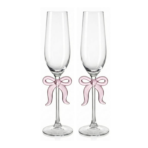 Clear Champagne Glass with Pink Bow on Stem, Set of 2
