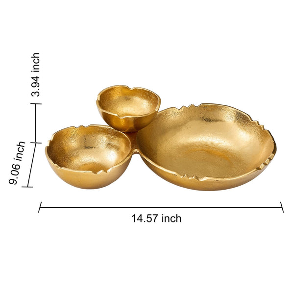 3 Cluster Decorative Bowls Bright Gold Brass Snack Tray Bowl Chip & Dip Serving Piece Strong Centerpiece Beautiful Room Accent & Entertaining Parties Home Decor Wedding Gifts 14.6 Inch Decorative Gift