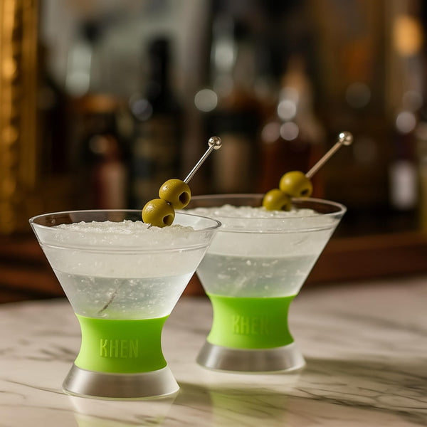 Khen Cooling Martini Glasses – Double-Wall Insulated 10 oz Cocktail Glasses with Frosted Base – BPA-Free, Shatterproof, Reusable Drinkware for Parties & Home Bars - Set of 2